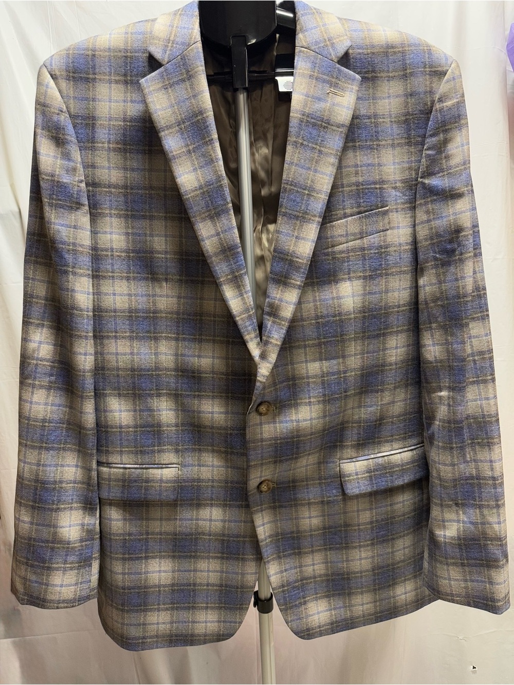 Lauren Ralph Lauren 42L Lexington Plaid Blazer Blue Tan Stretch Sport Coat